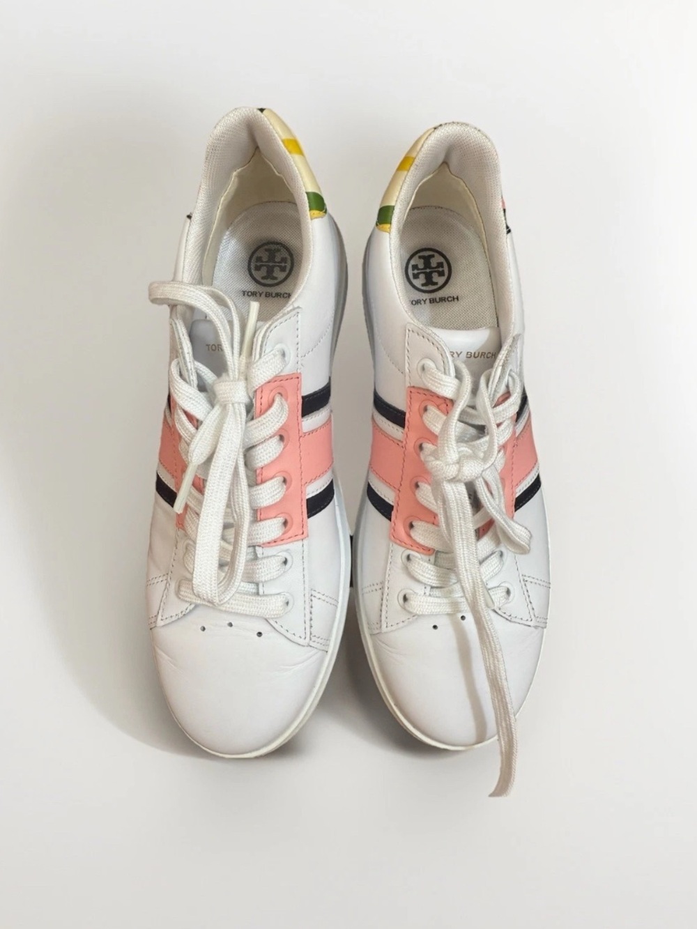 Tory Burch White Leather Sneakers w/ Pink & Black Stripe Accents ( Howell Court) - Picture 2 of 5